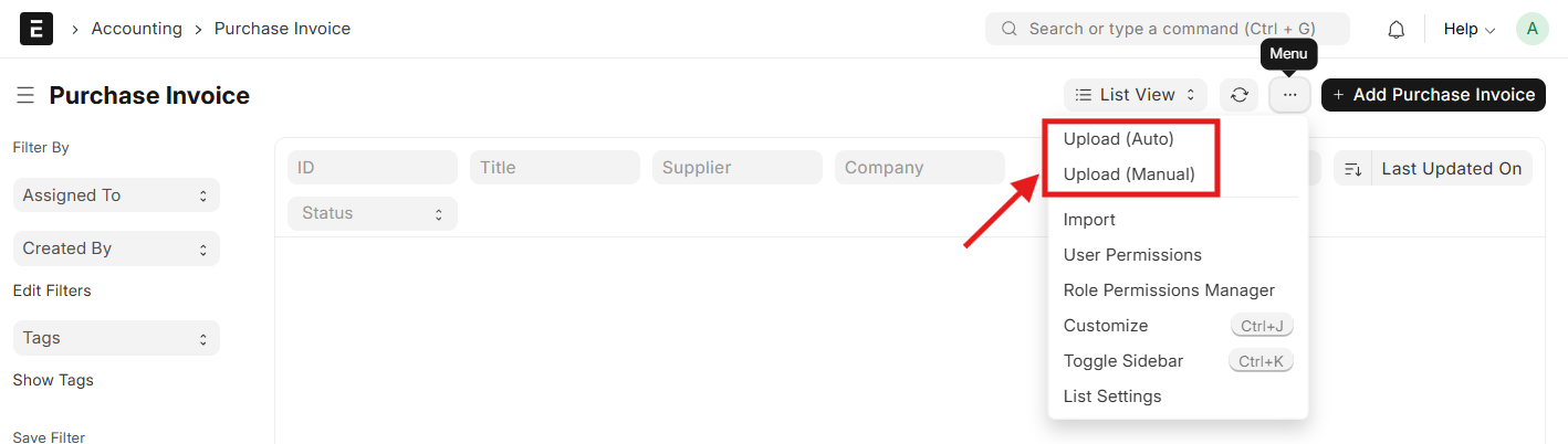 Purchase Invoice list view Alt text